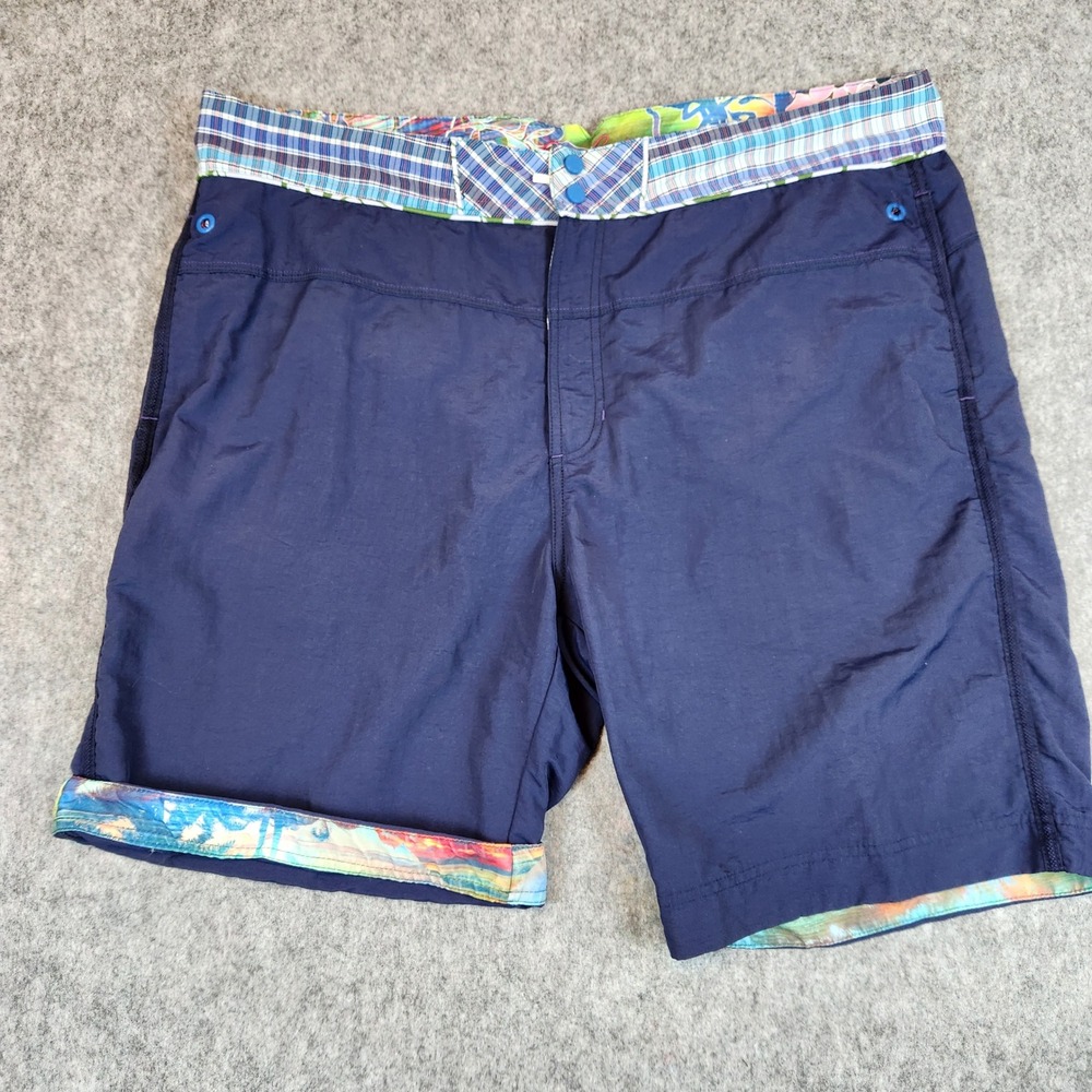 Robert Graham Swim Trunks Men 42 Blue Floral Plaid Board Shorts Drawstring Lined